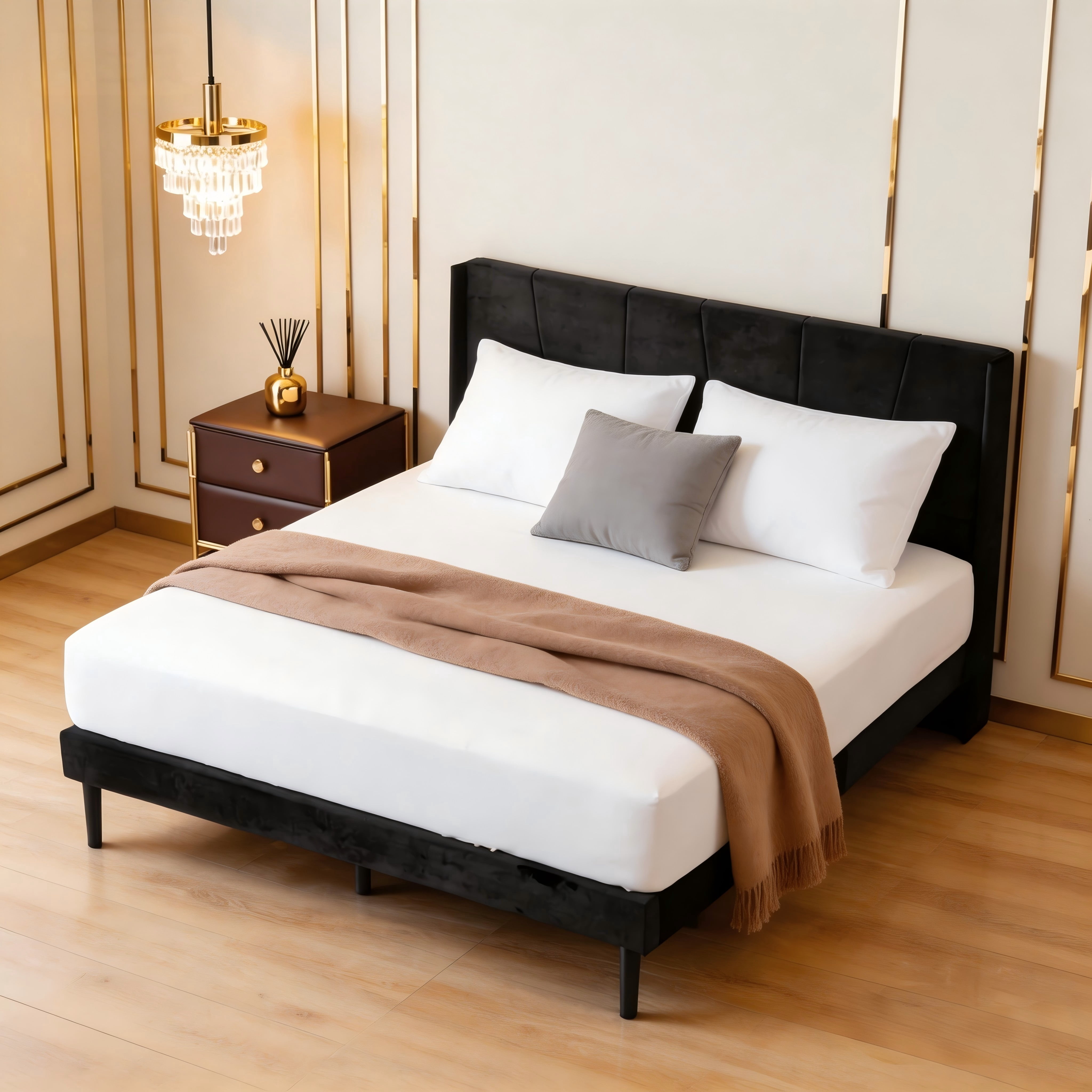 BSHTI King Size Platform Bed Frame with Upholstered Velvet Headboard, Solid Wood Frame, Wood Slats, Easy Assembly,Black