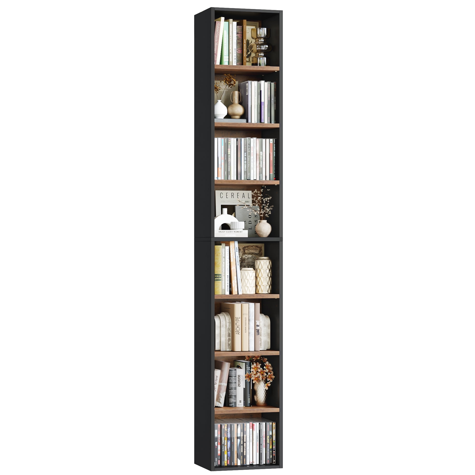 Homfa 8-Tier Media Tower, CD DVD Media Storage Unit with 4 Adjustable Shelves for Living Room Bedroom, Black+Vintage Oak