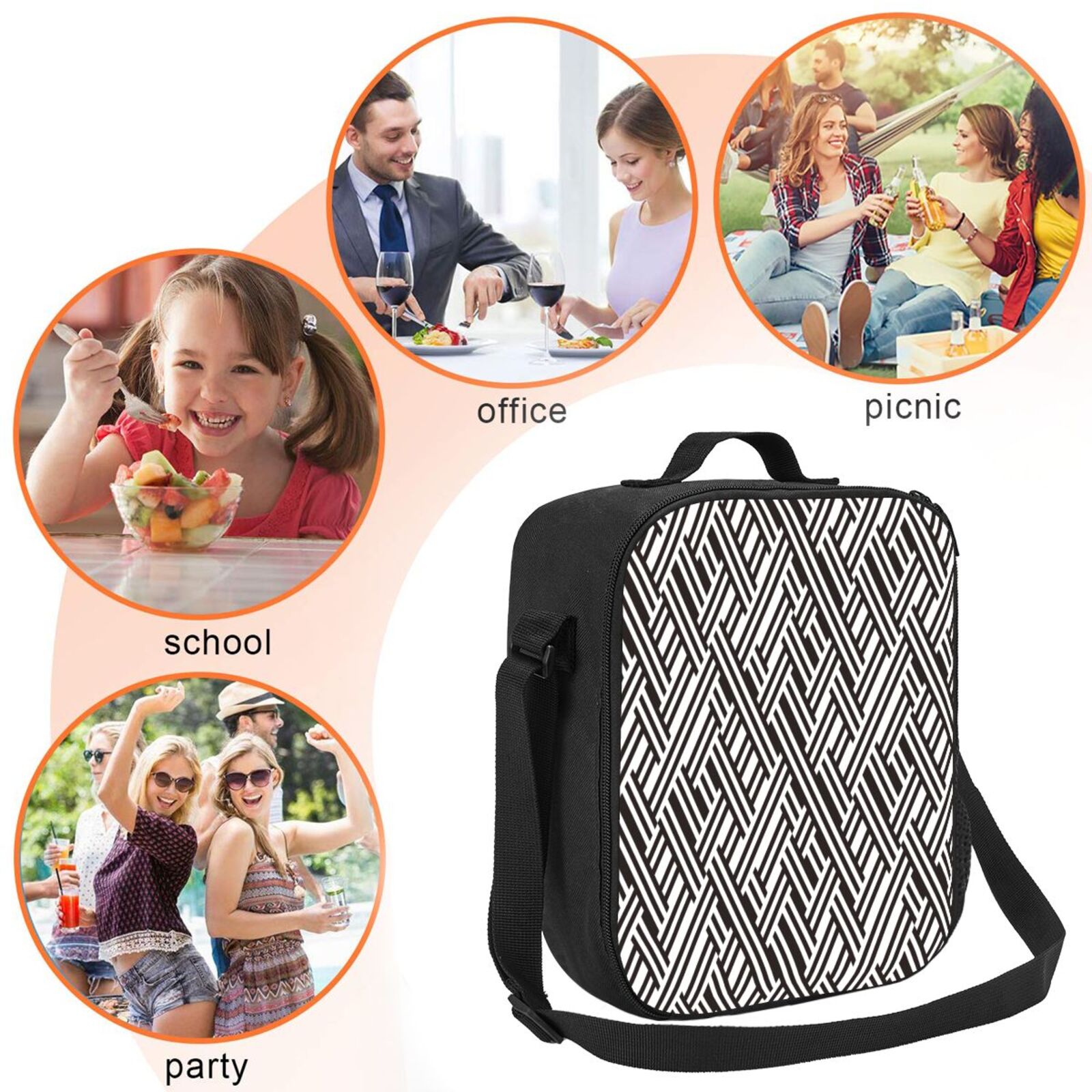Rateoe Black White Stripes Lunch Bag Reusable Lunch Box with Shoulder Straps for Men Women Insulated Portable Lunchbox for adults Suitable for School Work Picnic