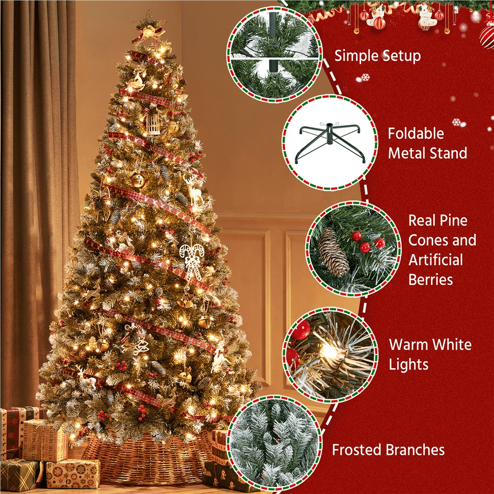 Alden Design 6Ft Pre-lit Frosted Artificial Christmas Tree with Pinecones & Holly Berries, Green