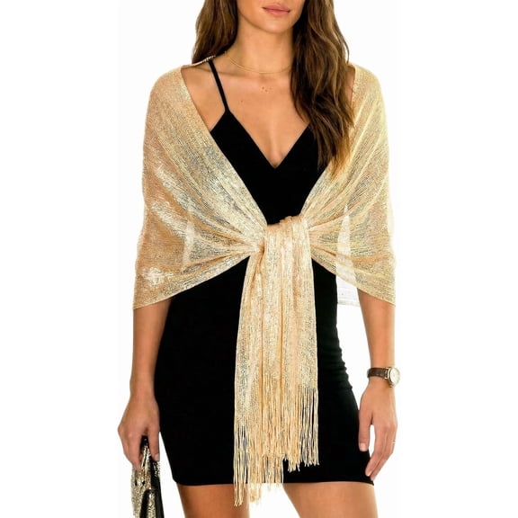 Wrongduck Womens Glitter Shawl Wrap Metallic Evening Scarf with Fringe and Buckle for Wedding Party Dresses