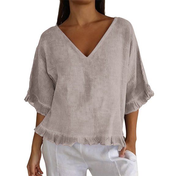Summer Sales Womens Summer Tops Cute Lightweight Cotton‑Linen 3/4 Sleeve Summer Casual Blouse Oversized Tshirts for Women Under 12$