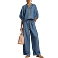 thumbnail image 6 of Xunmmm Women's Cotton Linen Two Piece Set Loose Fit Half Sleeve Zipper Shirt and Wide Leg Pant Casual Summer 2 Piece Set for Women Linen Pants Set Outerwear, 6 of 6