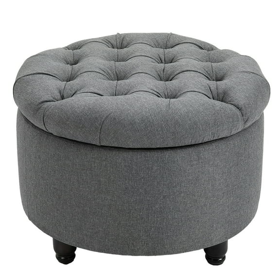 Round Storage Ottoman, Linen-Touch Fabric, Button Tufted, Removable Lid, Grey, Footstool for Living Room, Bedroom