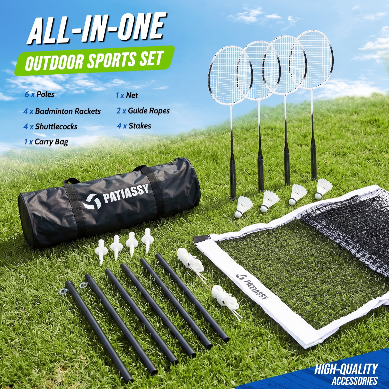 Patiassy Badminton Set with Net for Backyard, 4 Rackets, Portable Easy Setup, Anti-Sag Net System, Outdoor Family Game Kit with Carrying Bag