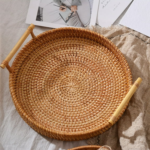 Handmade Rattan Round Woven Basket, Round Serving Tray with Handles, Food Serving Basket, Storage Basket, Great to Display Bread Or Fruit (1pc)