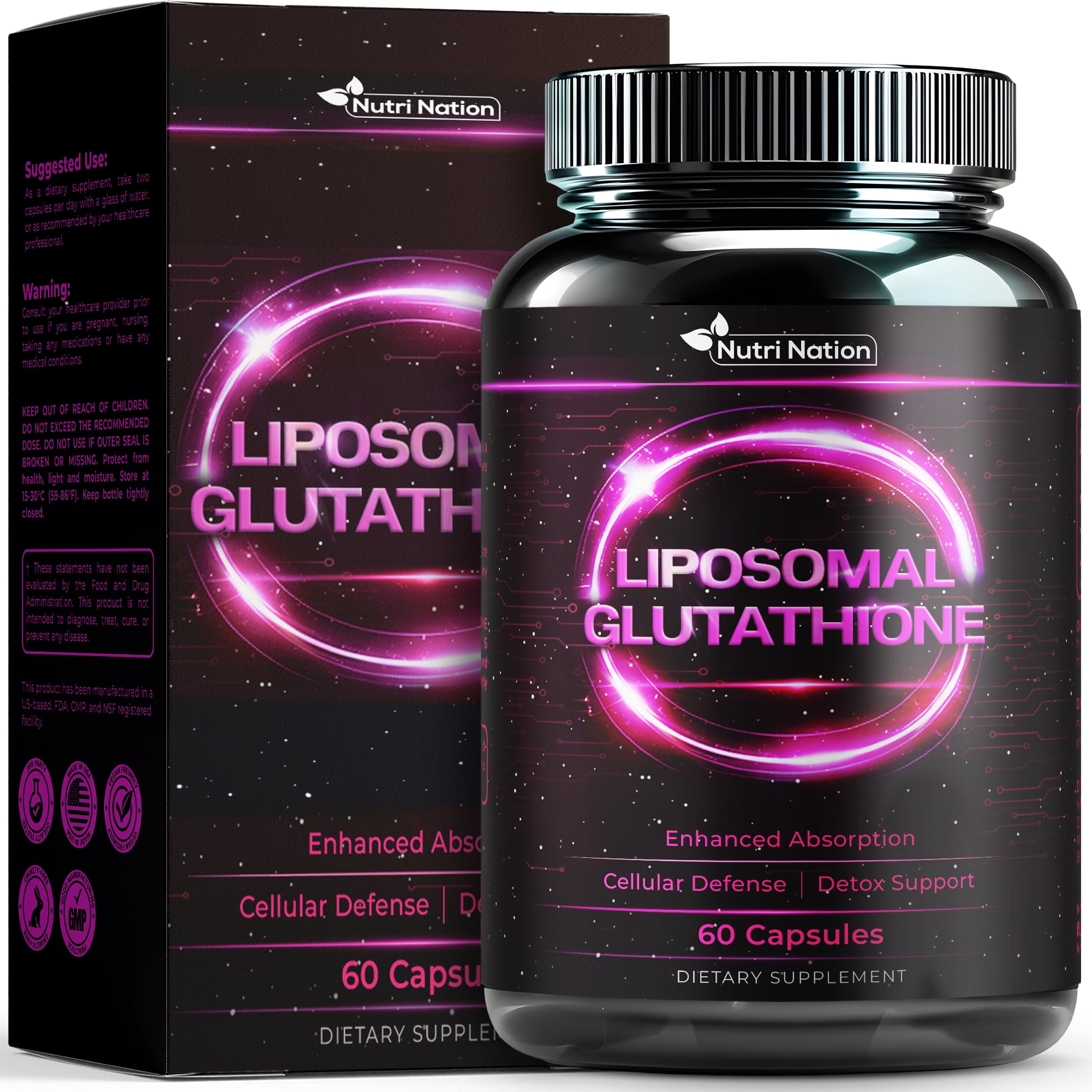 Nutri Nation Liposomal Glutathione Supplement Capsules 500mg, 120 count, 2 Bottles Enhanced Absorption, Detox, Immunity, Anti-Aging Support