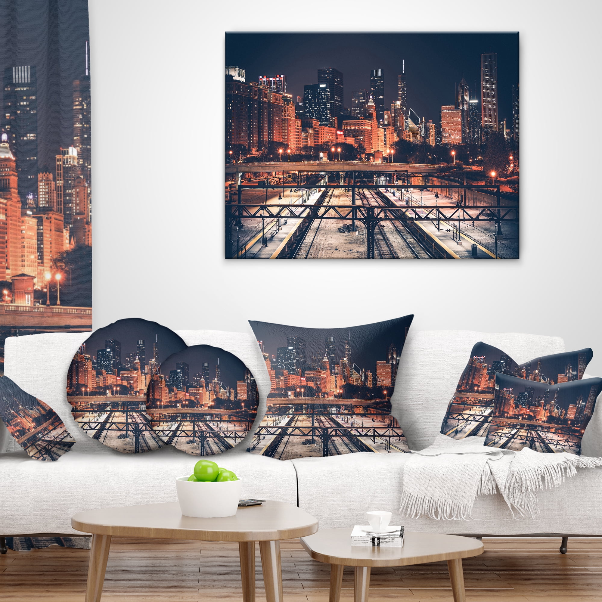 Designart Dark Chicago Skyline and Railroad - Cityscape Throw Pillow - 12x20