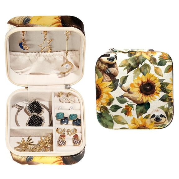 PhooArto Small Jewellery Box, Sloth Sunflower Pattern Portable Travel Mini Jewelry Case for Women Leather Ring Organizer