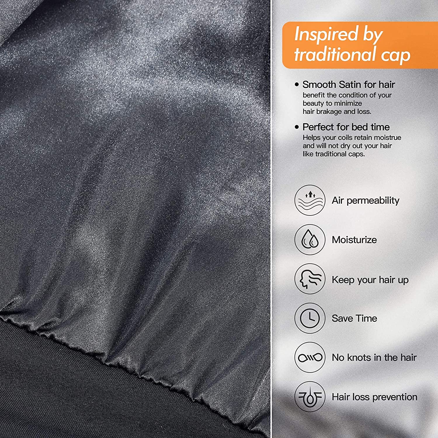 Silk Satin Lined Bonnet Sleep Cap - Adjustable Stay on All Night Hair Wrap Cover Slouchy Beanie for Curly Protection Women and Men Solid Black
