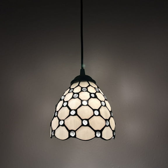Tiffany Style Mini Hanging Lamp White Stained Glass Crystal Beans LED Bulb Included 6”W*6”D*50”H