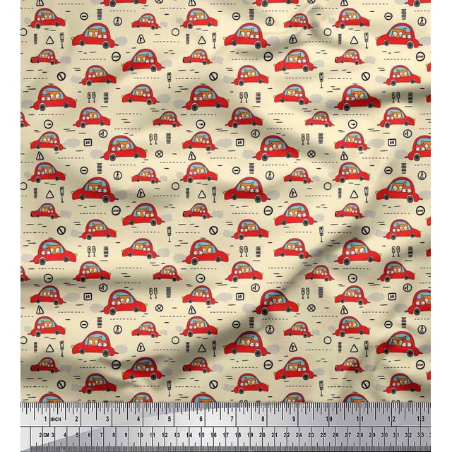 Soimoi Georgette Viscose Fabric Car & Owl Cartoon Decor Fabric Printed Yard 42 Inch Wide