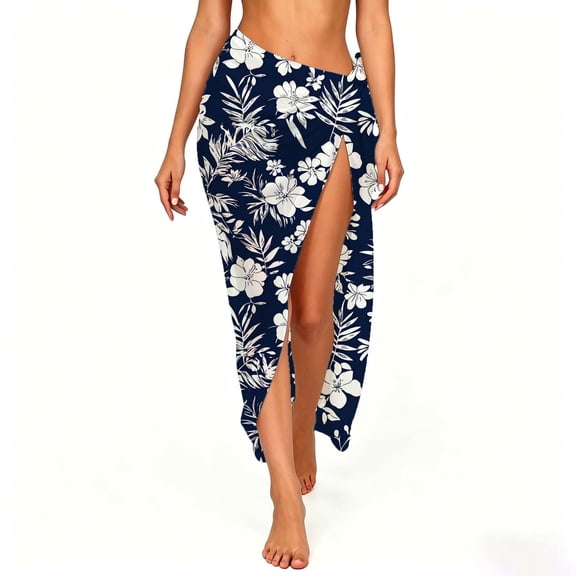 Ecqkame Swimsuit Coverup for Women Floral Print Sheer Beach Wrap Sarong Hand Block Lightweight Swim Cover-Up Skirt Dark Blue Free Size