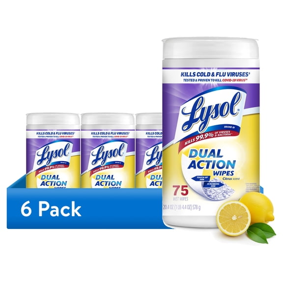 (6 pack) Lysol Dual Action Disinfecting Wipes, Citrus, 75ct