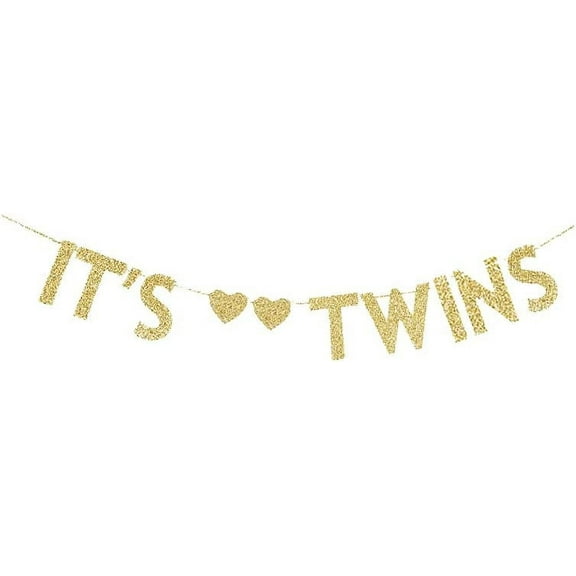 It's Twins Banner, Twins Baby Shower Party/Gender Reveal Party Decorations Gold Gliter Paper Signs