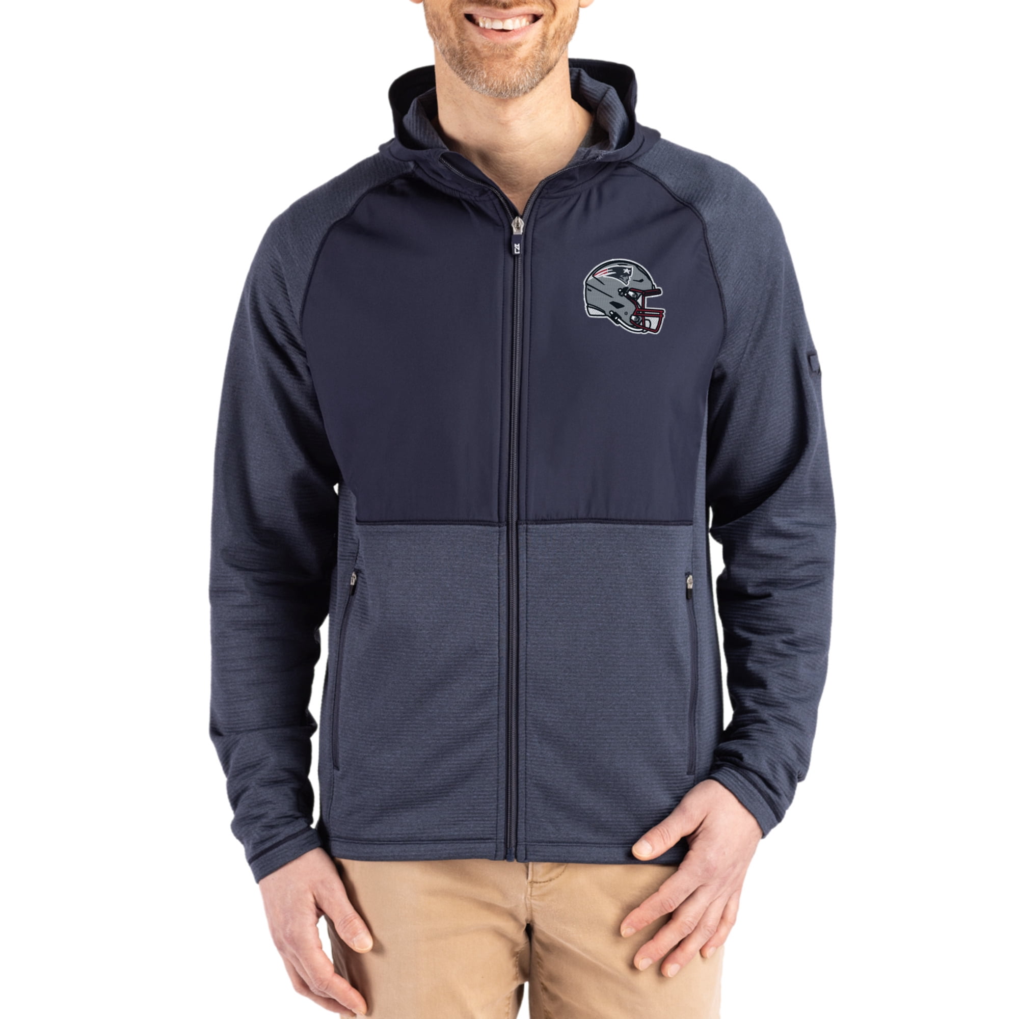 Men's Cutter & Buck Heather Navy New England Patriots Peshastin Eco Fleece Recycled Raglan Full-Zip Tri-Blend Hybrid