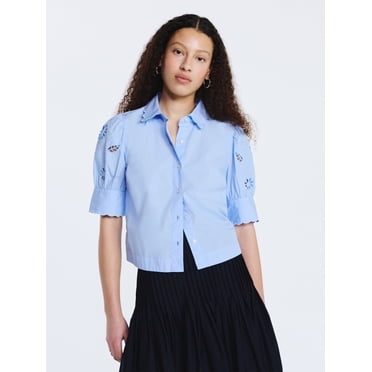 Free Assembly Women's and Women's Plus Cotton Eyelet Button Front Shirt with Short Sleeves, Sizes XS-4X
