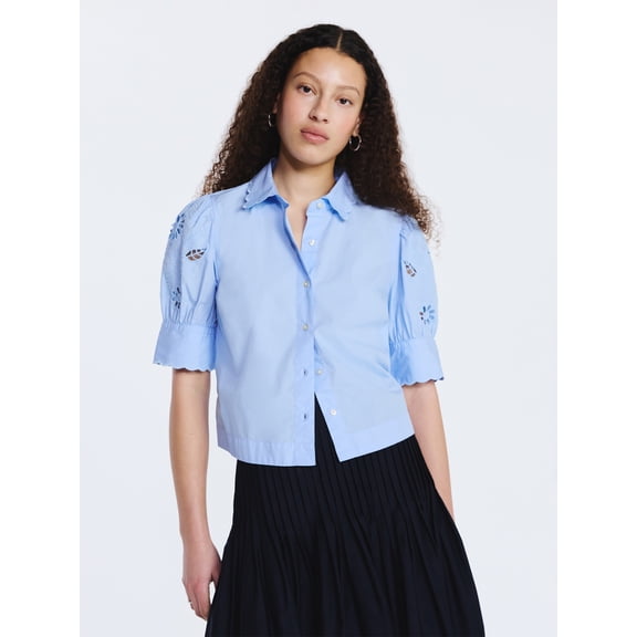 Free Assembly Women's and Women's Plus Cotton Eyelet Button Front Shirt with Short Sleeves, Sizes XS-4X