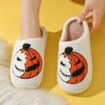 thumbnail image 2 of Fuzzy Slippers For Women Halloween Themed Pumpkin Printed Slippers Warm Lined Indoor Shoes Men Warm Cozy Winter House Slippers Bedroom Indoor House Shoes, 2 of 7