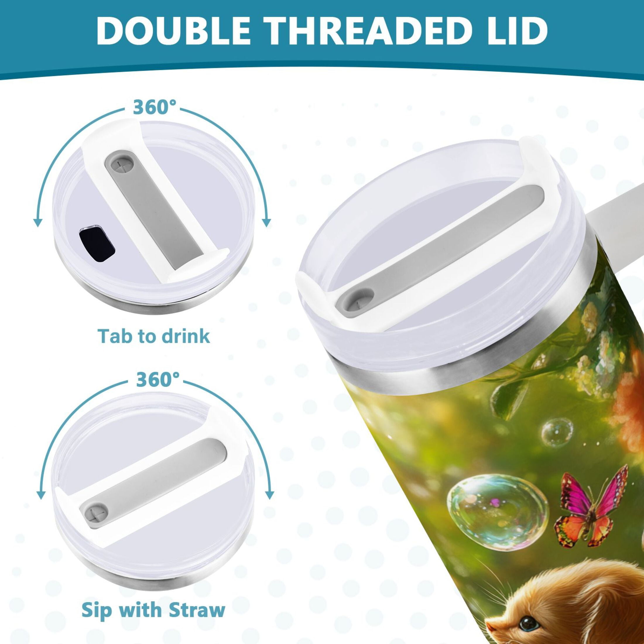 YAZAOO Tumbler 40oz Insulated Stainless Creative Kitten and Puppy with Butterflies Pattern Steel Water Bottles