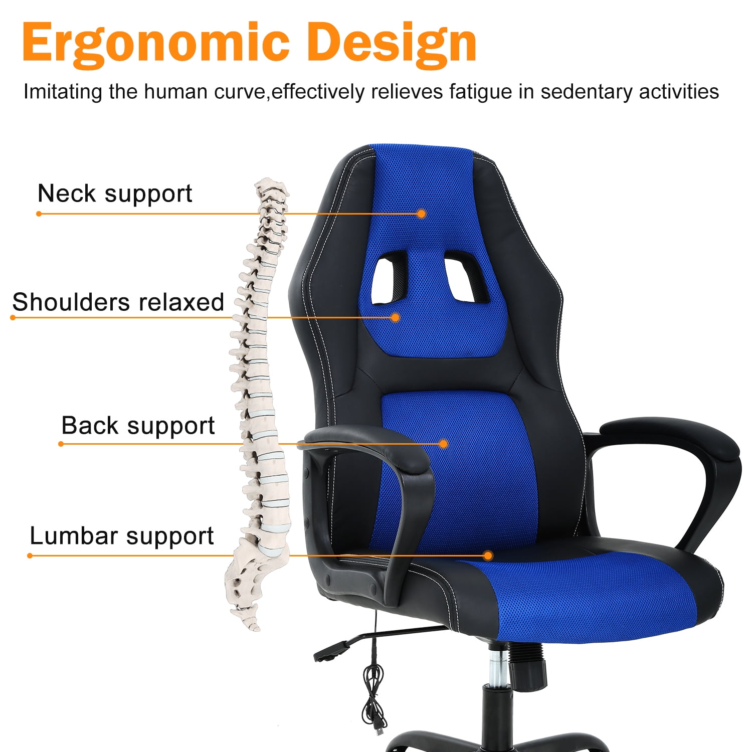 Massage Gaming Chair, High Back Office Chair Adjustable Gamer Chair Ergonomic Computer Chair with Lumbar Support Task Rolling Swivel Chair Game Chair for Adult &Teen(Blue)