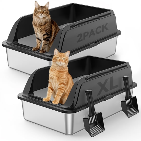 2 Packs Stainless Steel Litter Box with High Sides, Extra Large Litter Box for Big Cats & Multiple Cats, Odor-Free, Easy Clean, Included Scoop, Black