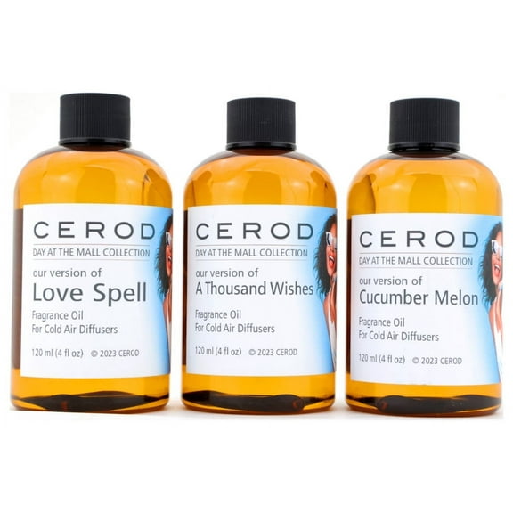 CEROD – Day At Mall Collection Scents Set (3) - Diffuser Oil for Cold Air Waterless Diffusers, A Thousand Wishes, Cucumber Melon, & Love Spell - Aromatherapy Essential Oil Scents for Home & Office (3)