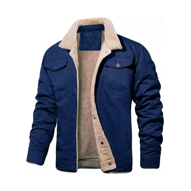 MAWCLOS Mens Shirt Jacket Fleece Lined Jackets Lapel Sherpa Coat Warm Travel Long Sleeve Outwear Dark Blue 3XL
