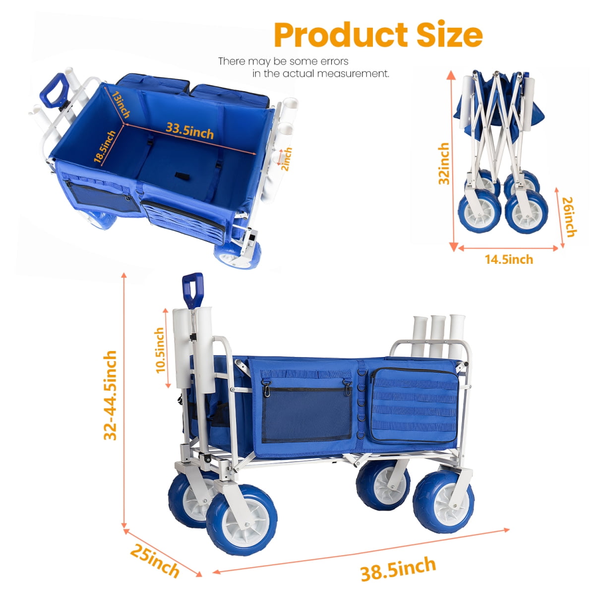 LuckyNote Beach Wagon Cart with Rod Holders and 9" All-Terrain Wheels, 500lbs Heavy Duty Collapsible Folding Wagon, Cooler & Storage Bags for Beach Camping Fishing, Blue