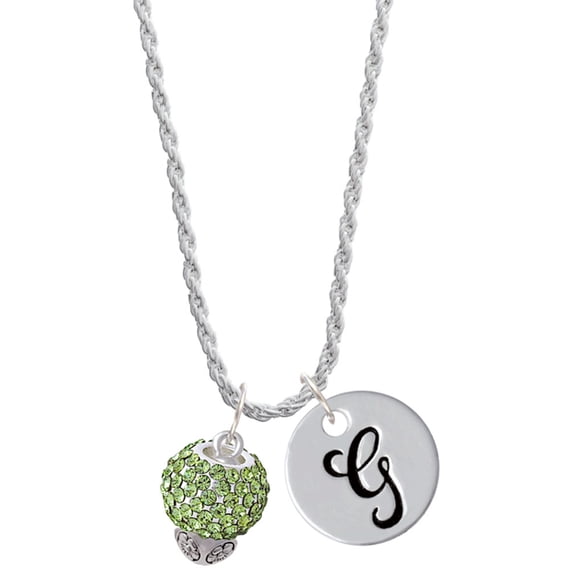 Delight Jewelry Silvertone Lime Green Crystal Sparkle Spinner Silvertone Script Initial Disc - G - Charm Necklace, 20"+3"