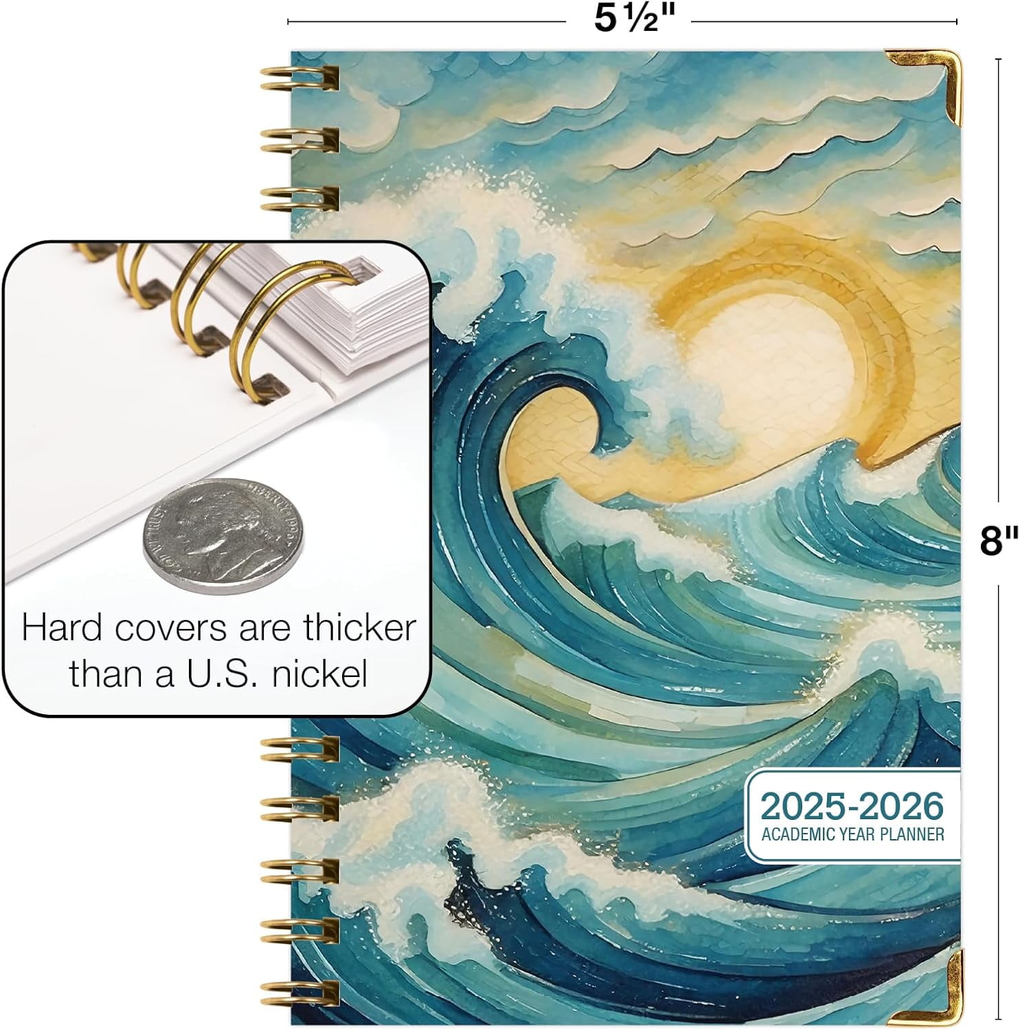 Academic Planner 2025-2026, Daily Weekly Monthly Yearly Planner, June 2025 - July 2026, 14 months, 5.5"x8", Bookmark, Pocket Folder and Sticky Note Set (Ocean Waves)
