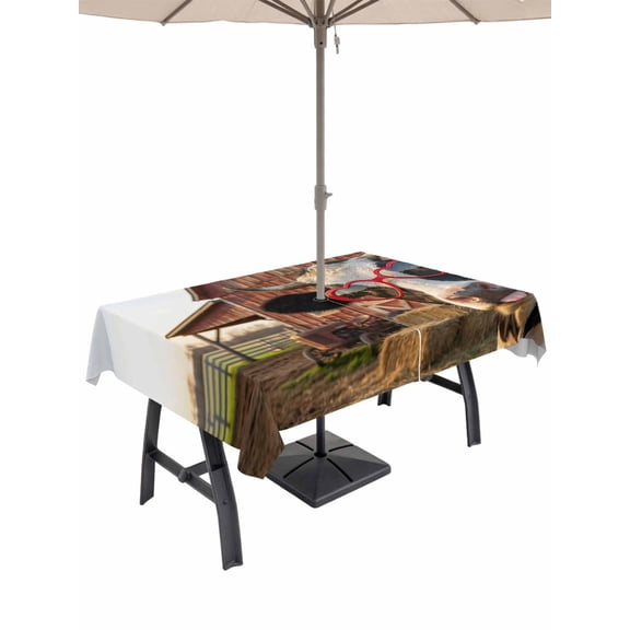 Outdoor Tablecloth with Umbrella Hole for Patio/Picnic/Party/Camping, Farm Cows Waterproof Table Cloth Rectangle Table Cover Washable, Farmhouse Barn Funny Animals Butterfly (60"x 120")