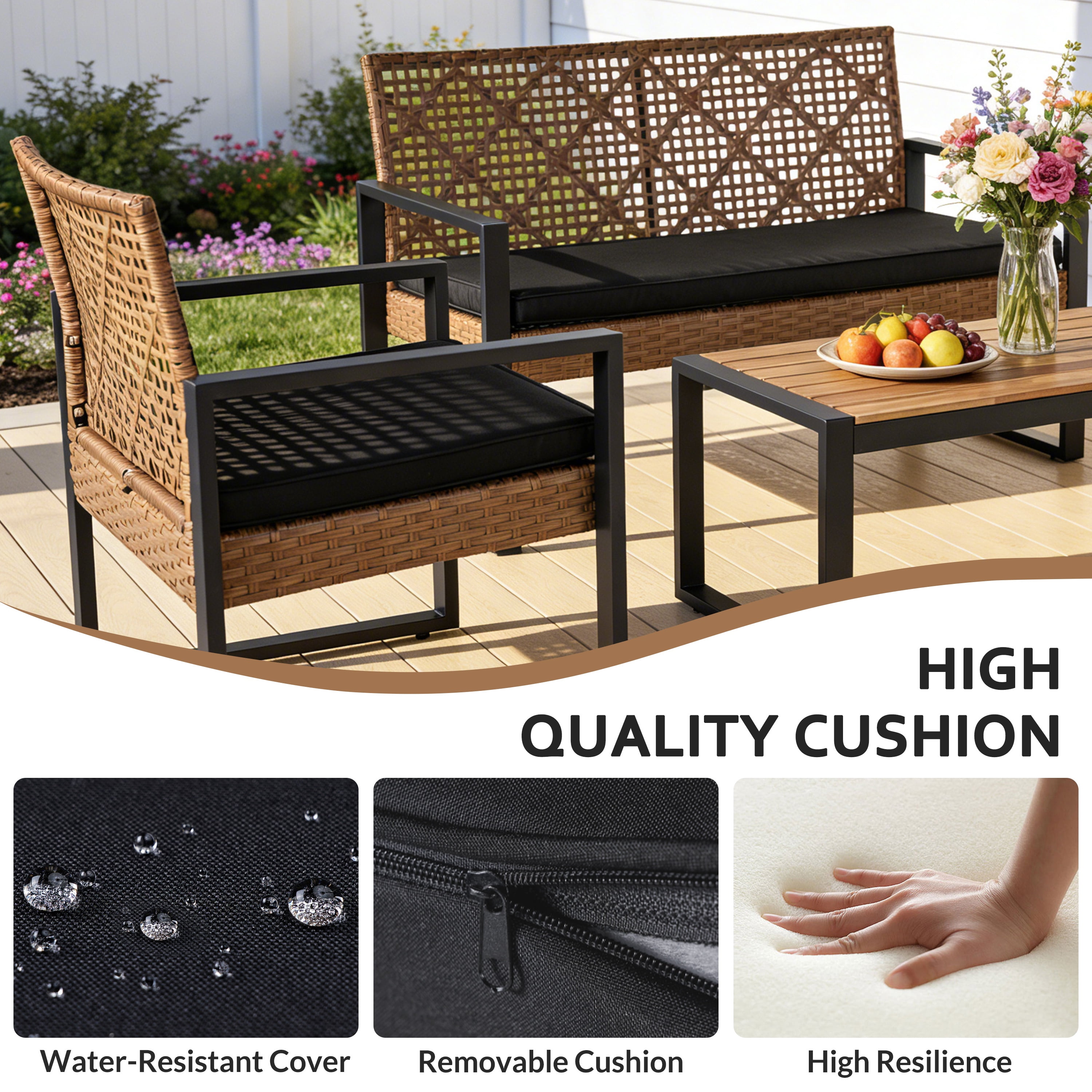 4 Pieces Outdoor Wicker Conversation Set, All-Weather Rattan Patio Furniture Sets with Arm Chairs, Acacia Wood Tabletop and Cushions, Sectional Sofa Set for Backyard, Garden, Poolside