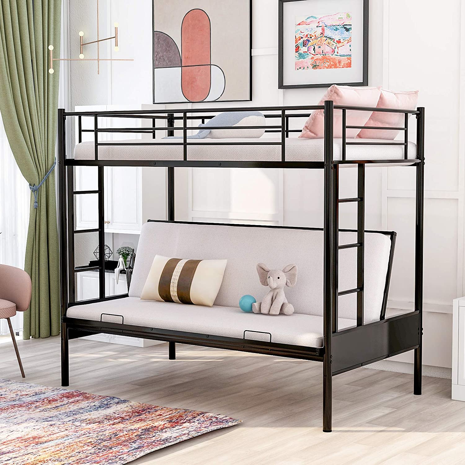 SHANNA Metal Futon Bunk Bed, Industrial Style Twin Over Full Bunk Beds
