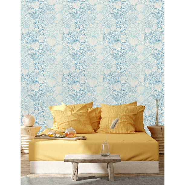 Vintage Blue Peonies Peel and Stick Wallpaper