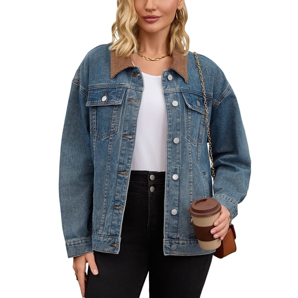 Abrigo de mujer INSPIRE CHIC, chaqueta de mezclilla con cuello de pana, mangas largas, abotonado, estilo western, chaquetas de jean, talla XL, azul retro