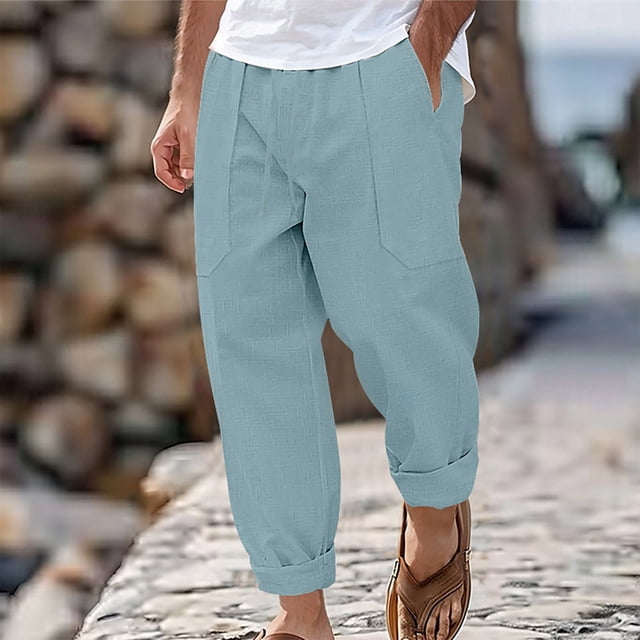 Pantalones largos para hombre, de ocio, de color liso, con botones, cintura elástica y cordón ajustable, de poliéster.