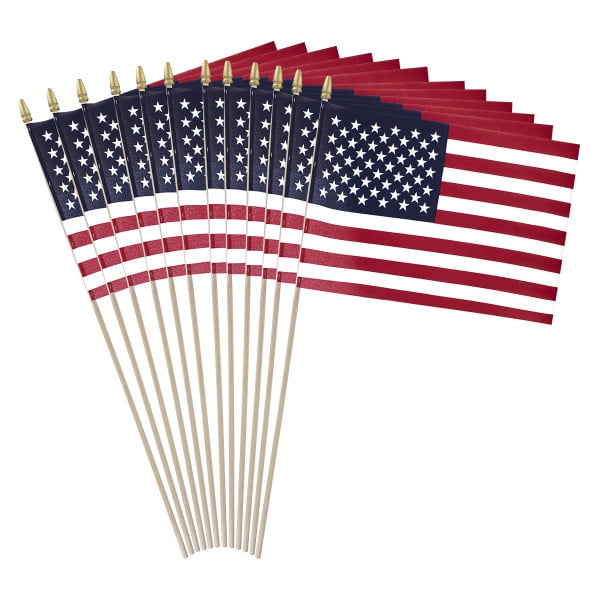 12-Pack, Super Tough US Stick Flag 12"x18" 30" x 3/8" No Fray -US Made