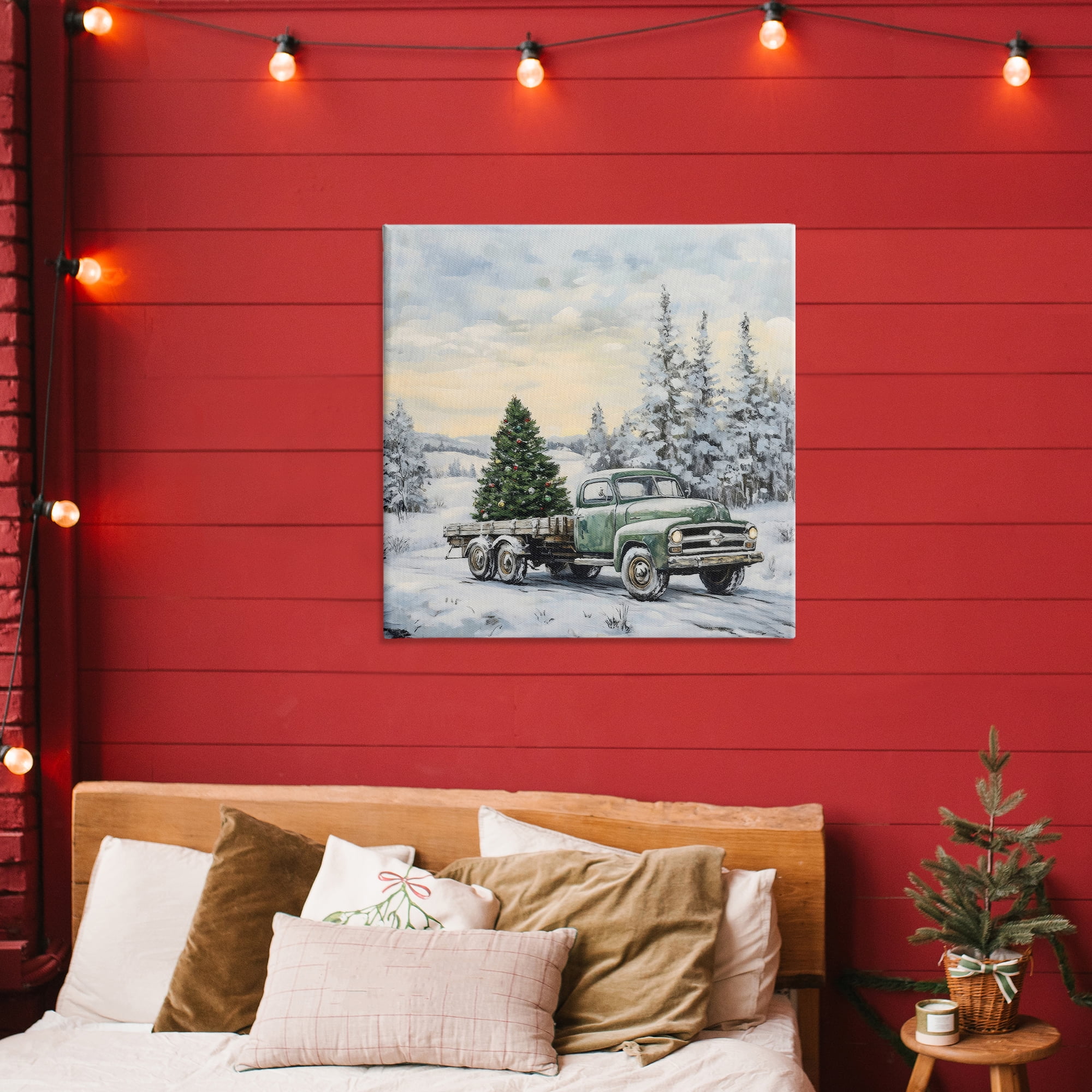Green Christmas Tree Truck Canvas Wall Art, design by Petal Prints Design
