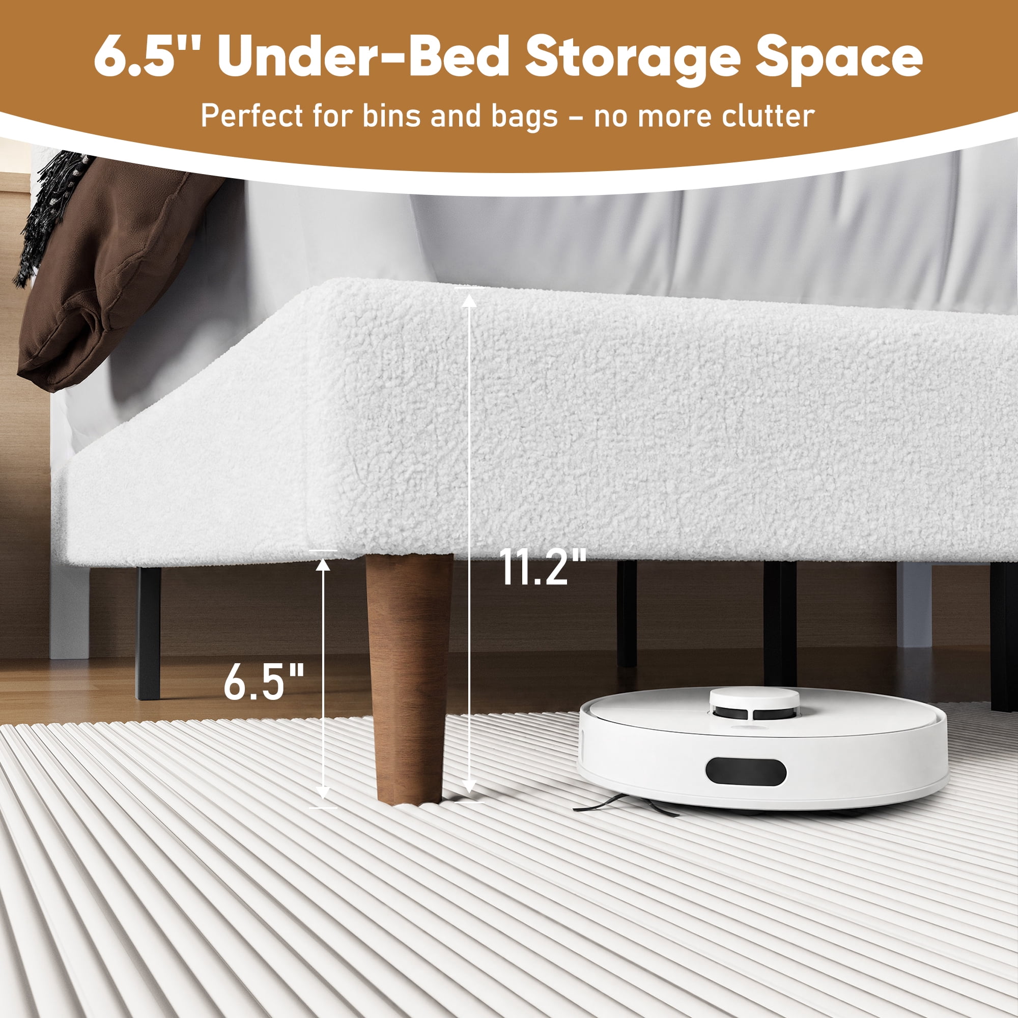 Frostbloom Full Size Bed Frame with Boucle Adjustable Headboard, Cloud Style Upholstered Platform Bed, White
