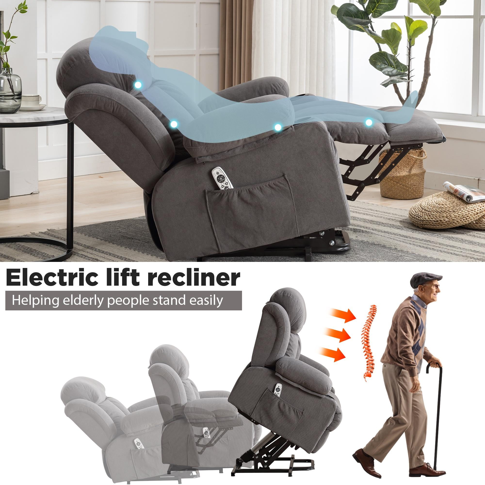 Power Lift Recliner Chairs with Massage and Heat, UHOMEPRO Electric Fabric Recliner Chair for Elderly, Living Room Furniture with USB Charge Port, 2 Cup Holders, and Side Pocket, Gray