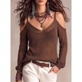 thumbnail image 3 of Women's Sheer Knit Top V-Neck Cold Shoulder Cutout Shoulder Long Sleeve Loose Fit Pullover for Fall Winter Layering Boho Vacation Daily Outfits, 3 of 8