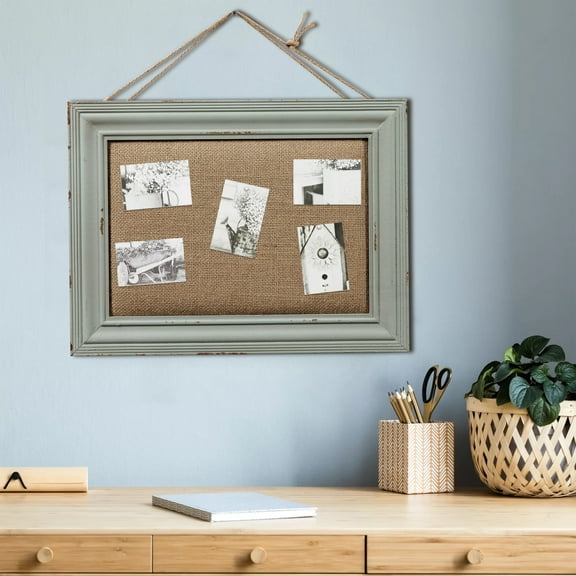 SOFE Cute Linen Small Bulletin Board, 15.7" × 12" Decorative Cork Boards for Walls with Blue Frame
