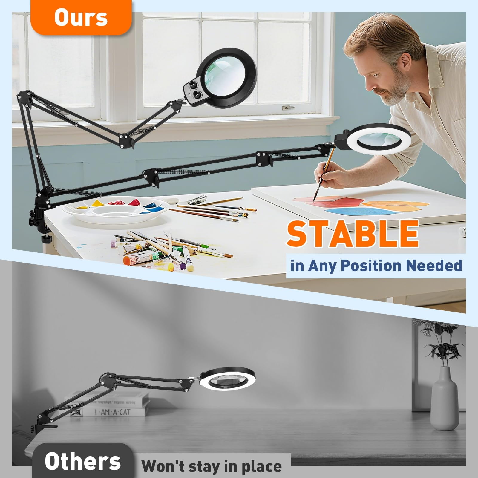 KIRKAS Magnifying Glass with Light and Clamp, Extra-Long Arm Magnifying Lamp Overhead Knob for Workbench Craft Repair Sewing, LED Lighted Magnifier Real Glass Lens Stepless Dimming and Color