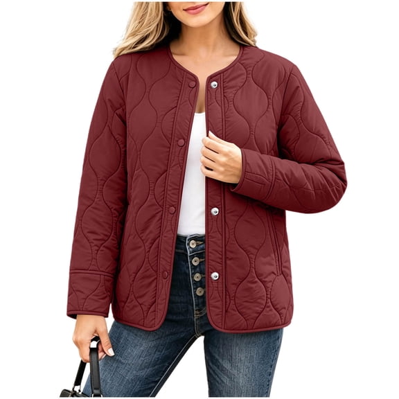 Hvarlaun Women's Quilted Jacket Collarless Button Front with Pockets Long Sleeve for Fall Winter