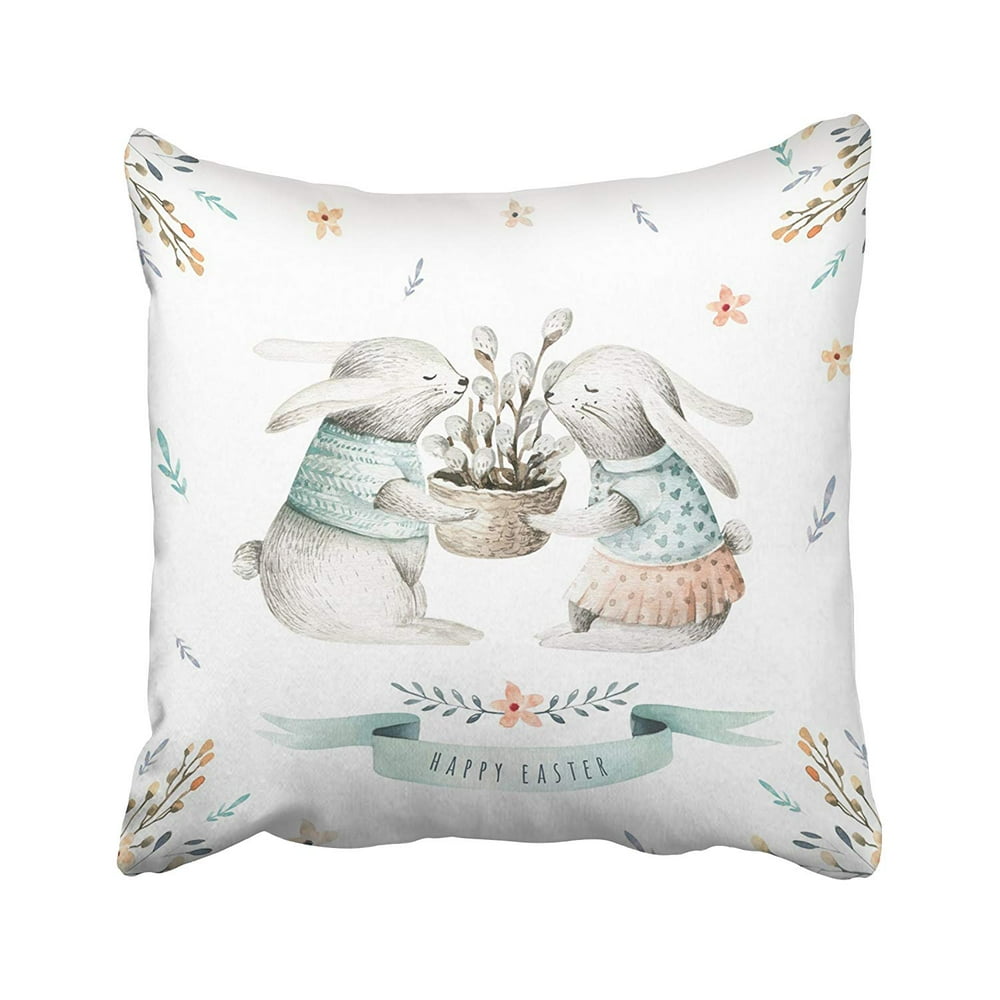 BPBOP Hand Drawing Easter Watercolor Cartoon Bunnies With Leaves Branches And Feathers