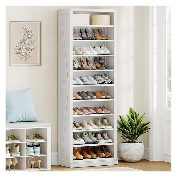 Shoe Storage Cabinet, 10 Tier Freestanding Shoe Rack Organizer - Holds 27-30 Pairs, Wooden Entryway Shoe Cubby for Living Room, White Finish
