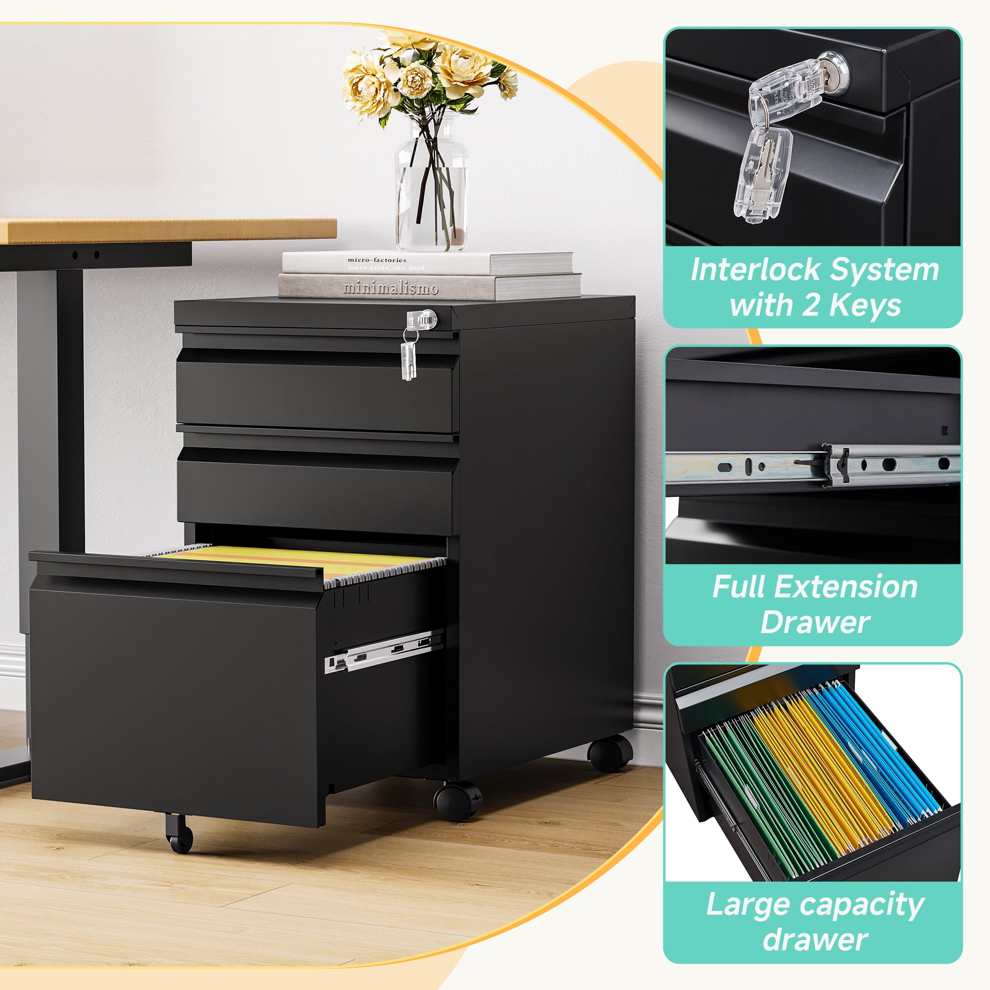 STANI 3 Drawers Mobile File Cabinet, Metal File Cabinets with Lock, Under Desk Rolling Filing Cabinet for Home Office Fit Letter/Legal/A4 Size (Unassembled,Black)