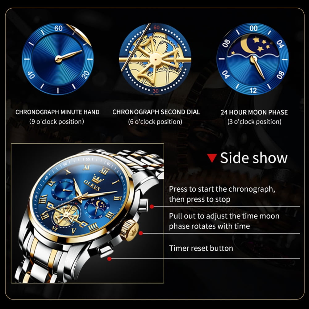OLEVS Mens Watches Chronograph Business Dress Quartz Stainless Steel Waterproof Luminous Date Wrist Watch For Men Blue Dial