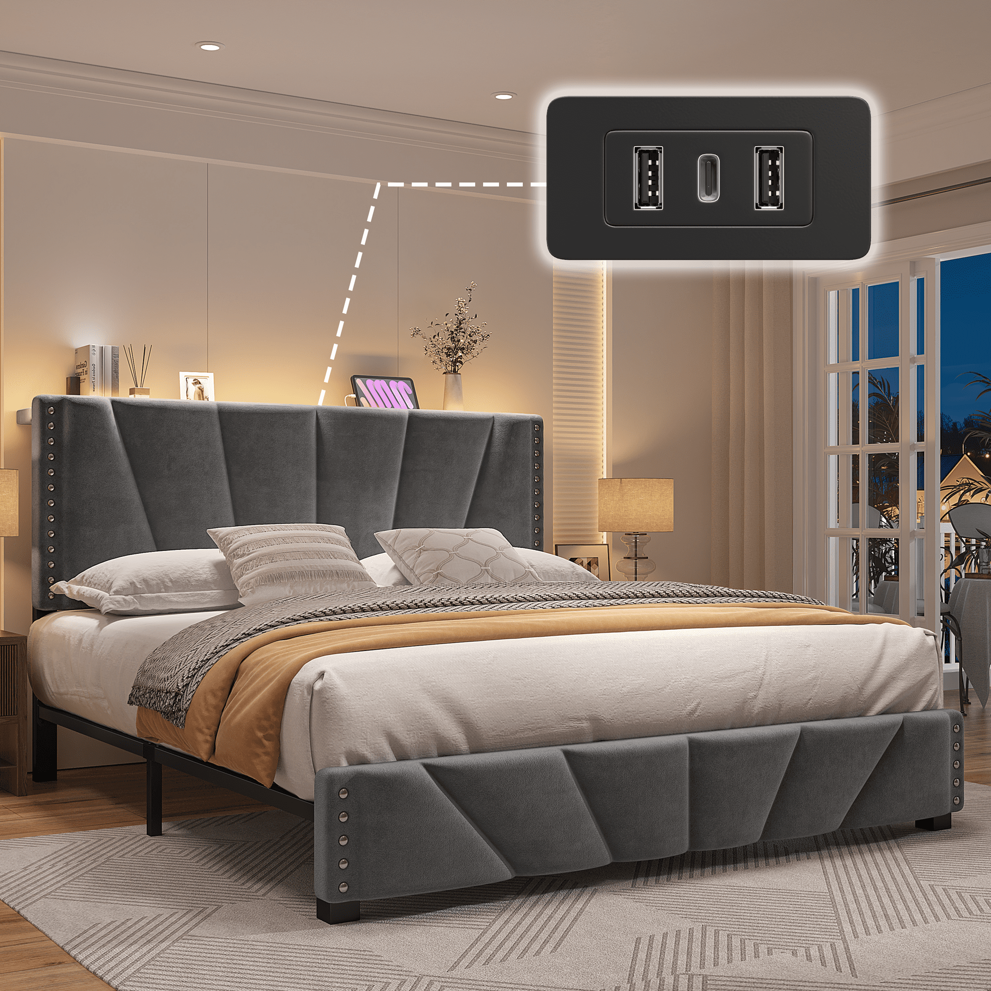 EnHomee Queen Bed Frame with Adjustable Headboard Upholstered Platform Bed Frame with LED Lights & Charge Station ,Gray